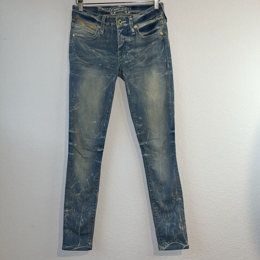 Robin’s Jeans Size 24 Style# R8657GLD Skinny Jeans Distressed Gold Wings